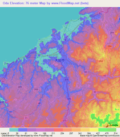 Oda,Japan Elevation Map