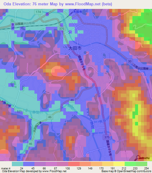 Oda,Japan Elevation Map