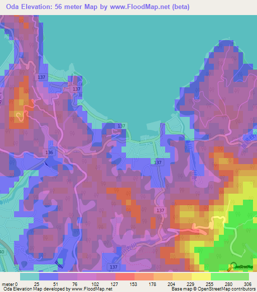 Oda,Japan Elevation Map