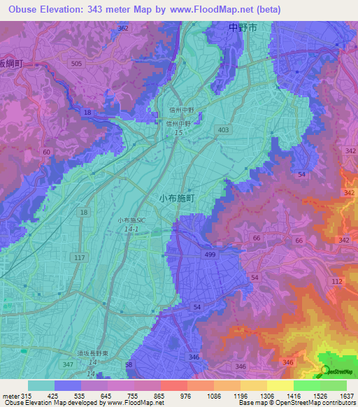 Obuse,Japan Elevation Map