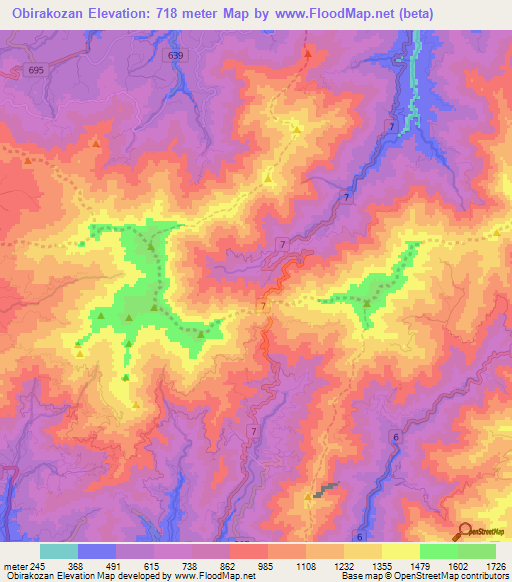 Obirakozan,Japan Elevation Map