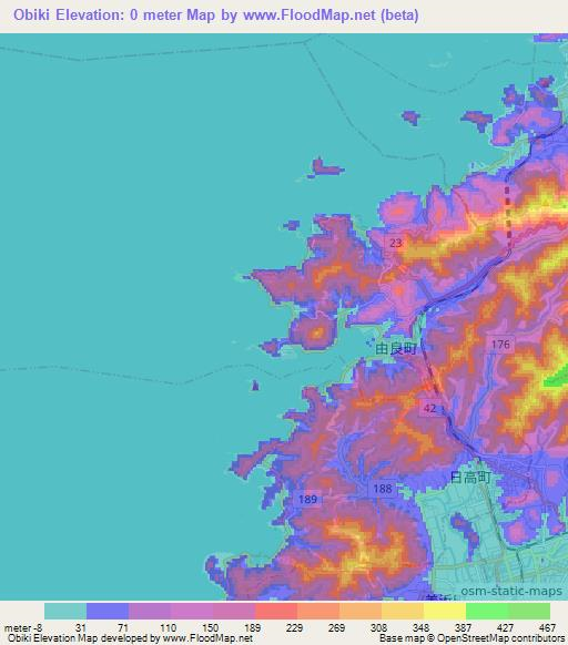 Obiki,Japan Elevation Map