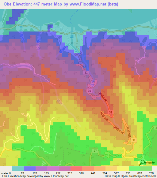 Obe,Japan Elevation Map