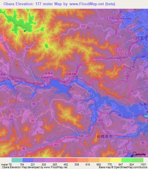 Obara,Japan Elevation Map
