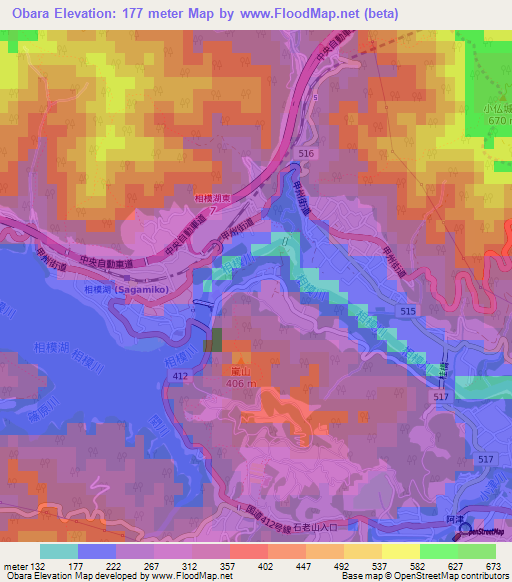 Obara,Japan Elevation Map