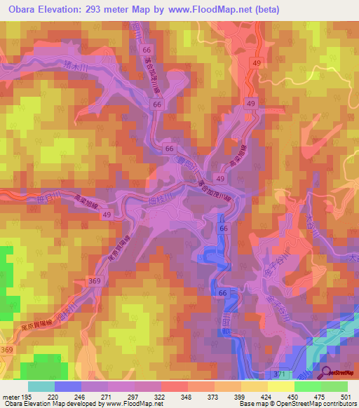 Obara,Japan Elevation Map