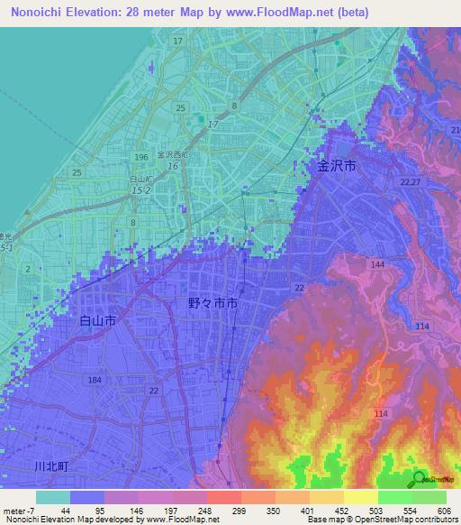 Nonoichi,Japan Elevation Map