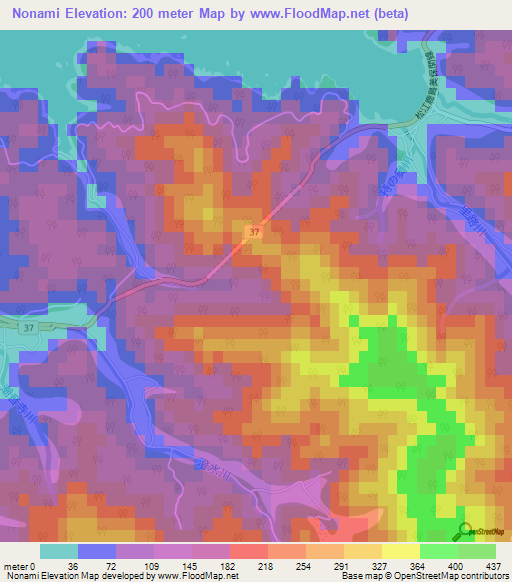 Nonami,Japan Elevation Map