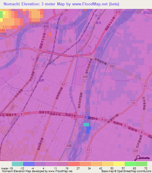 Nomachi,Japan Elevation Map