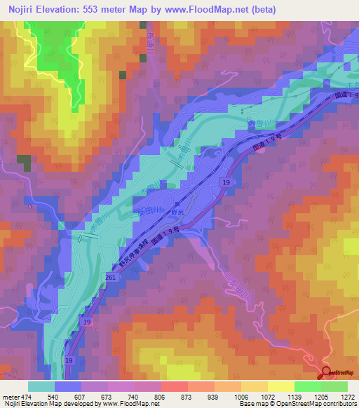 Nojiri,Japan Elevation Map