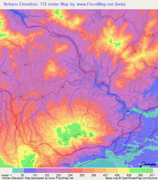 Noharu,Japan Elevation Map