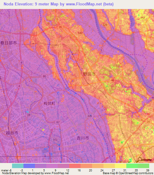 Noda,Japan Elevation Map