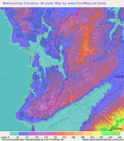 Nishonomiya,Japan Elevation Map
