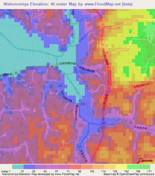 Nishonomiya,Japan Elevation Map