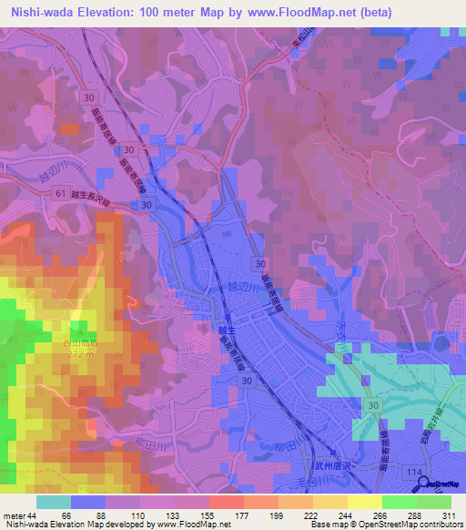 Nishi-wada,Japan Elevation Map