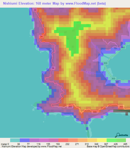 Nishiumi,Japan Elevation Map