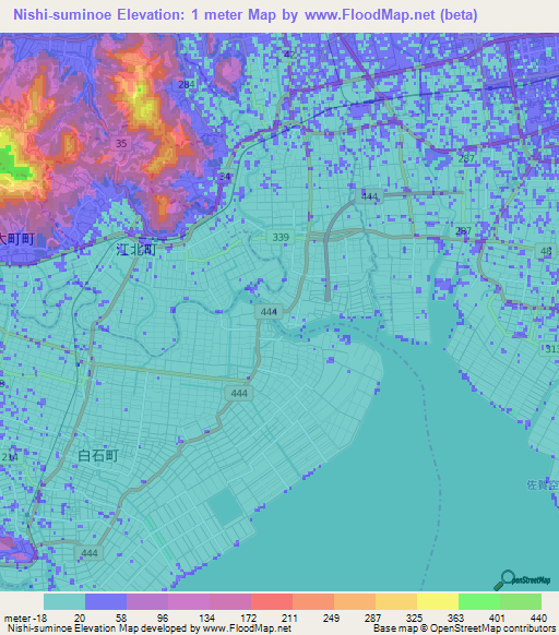 Nishi-suminoe,Japan Elevation Map