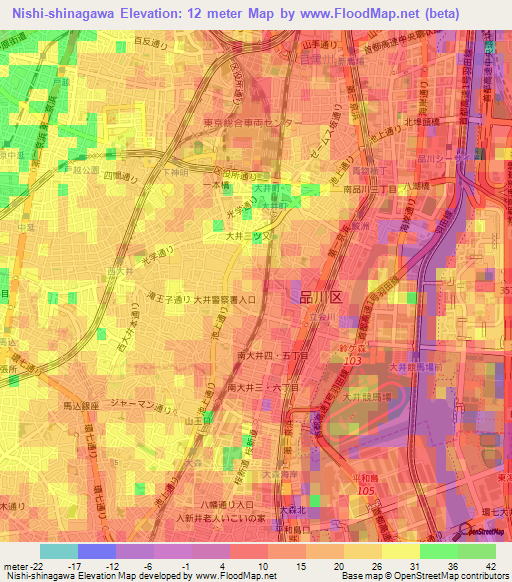 Nishi-shinagawa,Japan Elevation Map