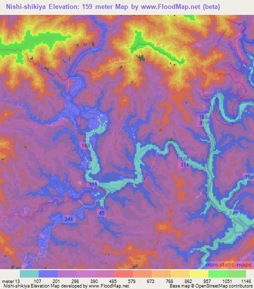 Nishi-shikiya,Japan Elevation Map