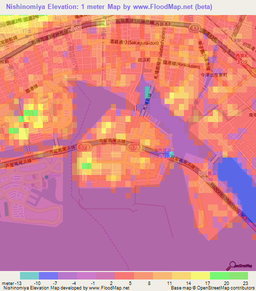 Nishinomiya,Japan Elevation Map