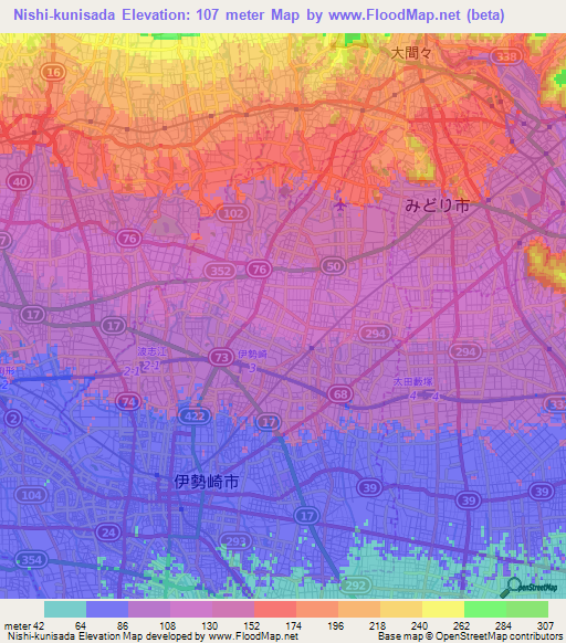 Nishi-kunisada,Japan Elevation Map