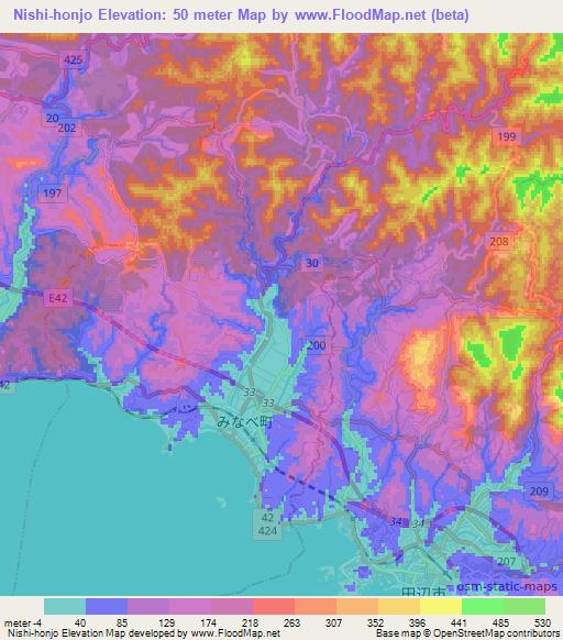 Nishi-honjo,Japan Elevation Map