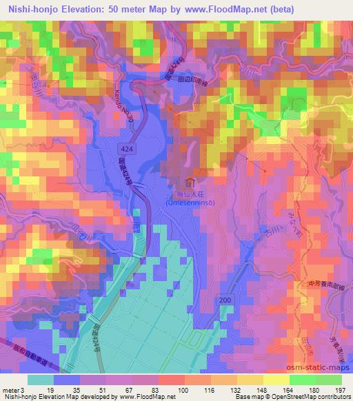 Nishi-honjo,Japan Elevation Map