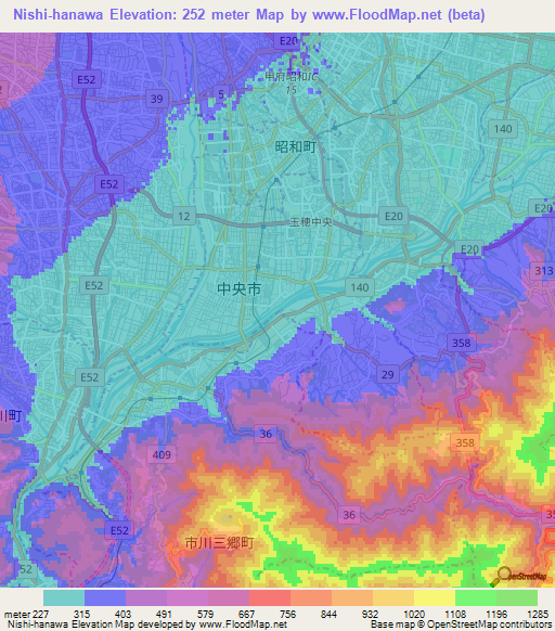 Nishi-hanawa,Japan Elevation Map