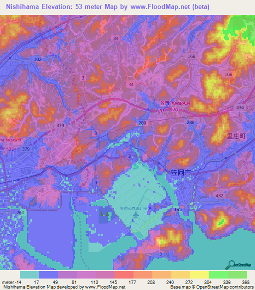 Nishihama,Japan Elevation Map