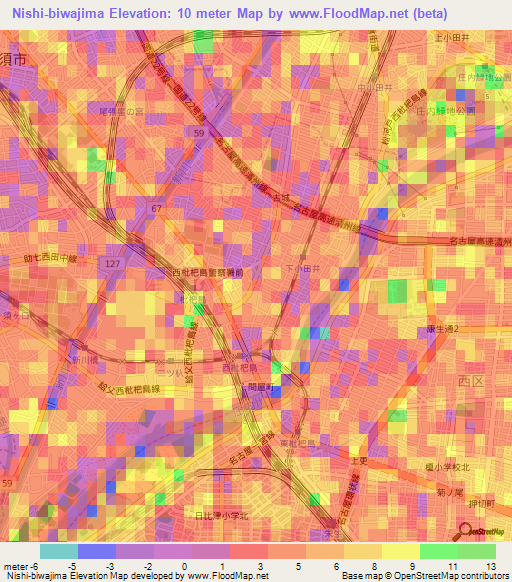 Nishi-biwajima,Japan Elevation Map