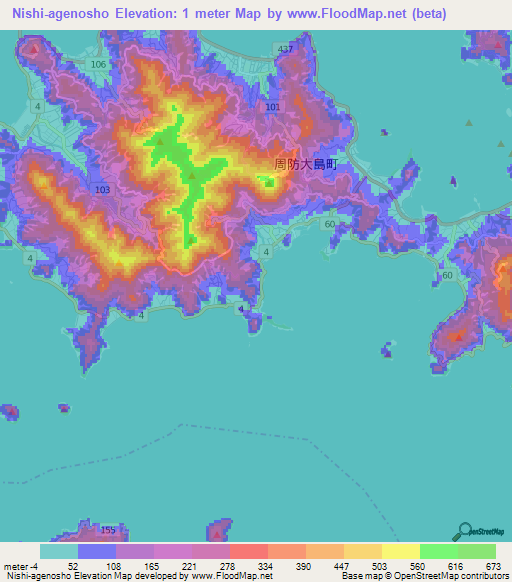 Nishi-agenosho,Japan Elevation Map
