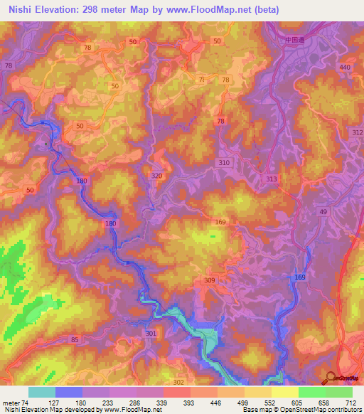 Nishi,Japan Elevation Map