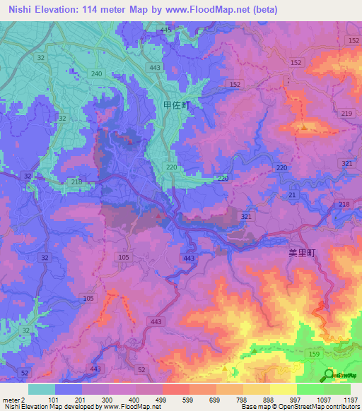 Nishi,Japan Elevation Map