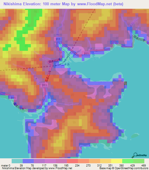 Nikishima,Japan Elevation Map
