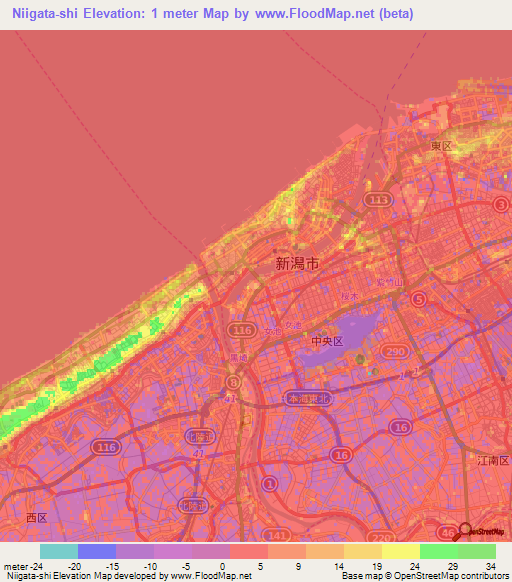 Niigata-shi,Japan Elevation Map