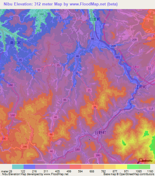 Nibu,Japan Elevation Map