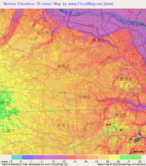 Nerima,Japan Elevation Map