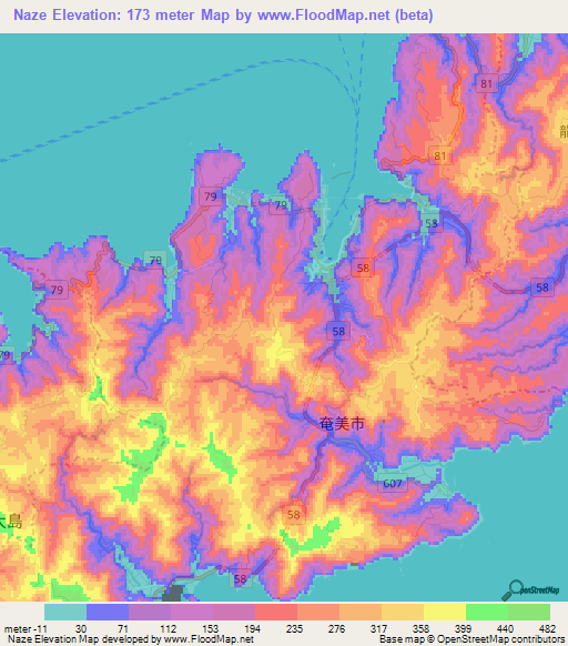 Naze,Japan Elevation Map