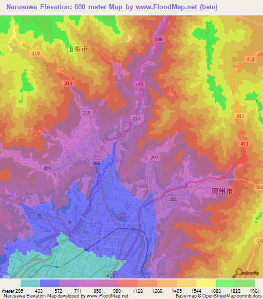 Narusawa,Japan Elevation Map