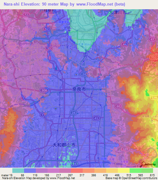 Nara-shi,Japan Elevation Map
