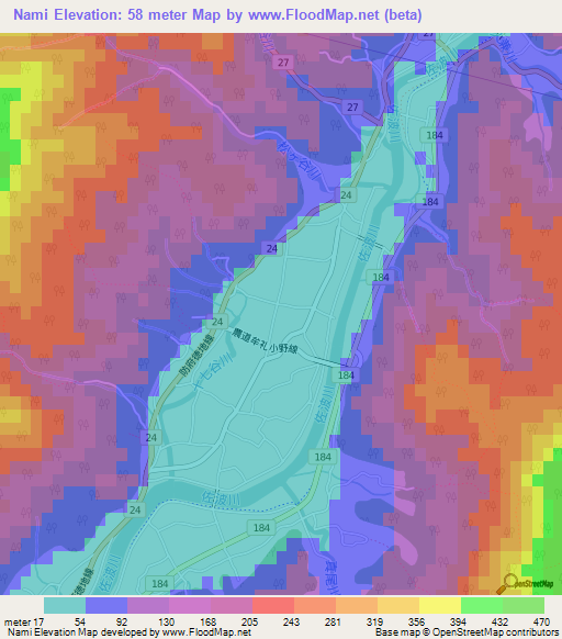 Nami,Japan Elevation Map