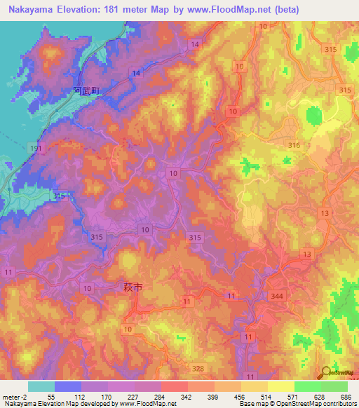 Nakayama,Japan Elevation Map