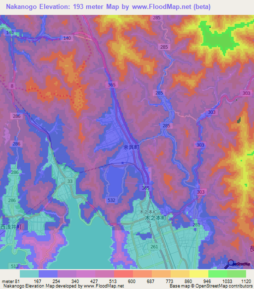 Nakanogo,Japan Elevation Map