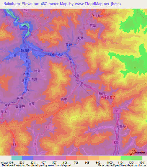 Nakahara,Japan Elevation Map
