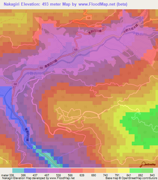 Nakagiri,Japan Elevation Map