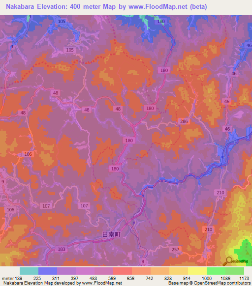 Nakabara,Japan Elevation Map