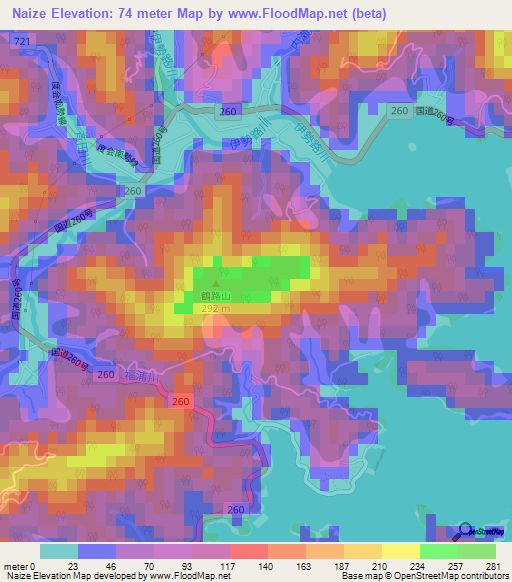 Naize,Japan Elevation Map
