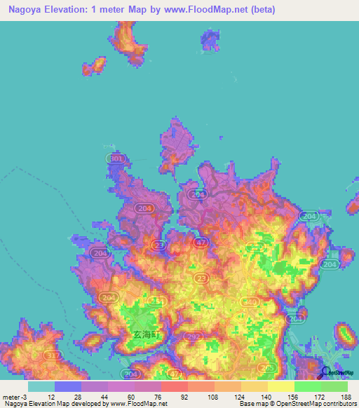 Nagoya,Japan Elevation Map