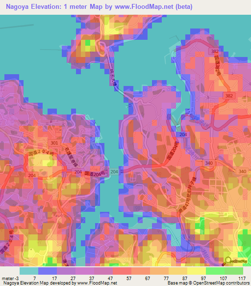 Nagoya,Japan Elevation Map