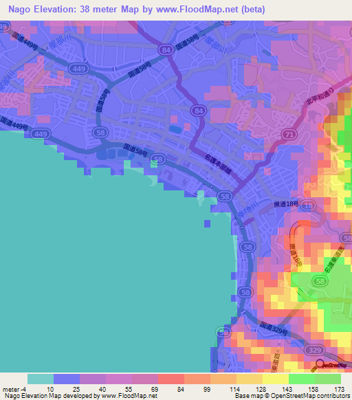 Nago,Japan Elevation Map